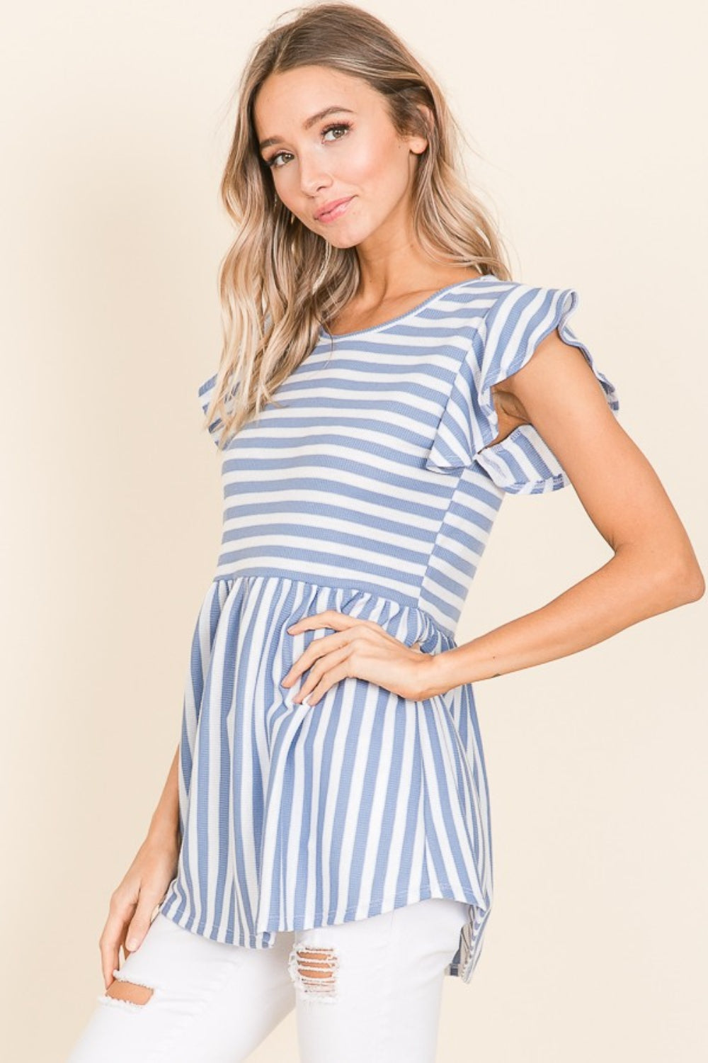 BOMBOM Striped Round Neck Blouse