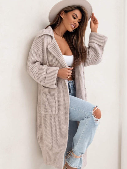 Pocketed Collared Neck Dropped Shoulder Cardigan