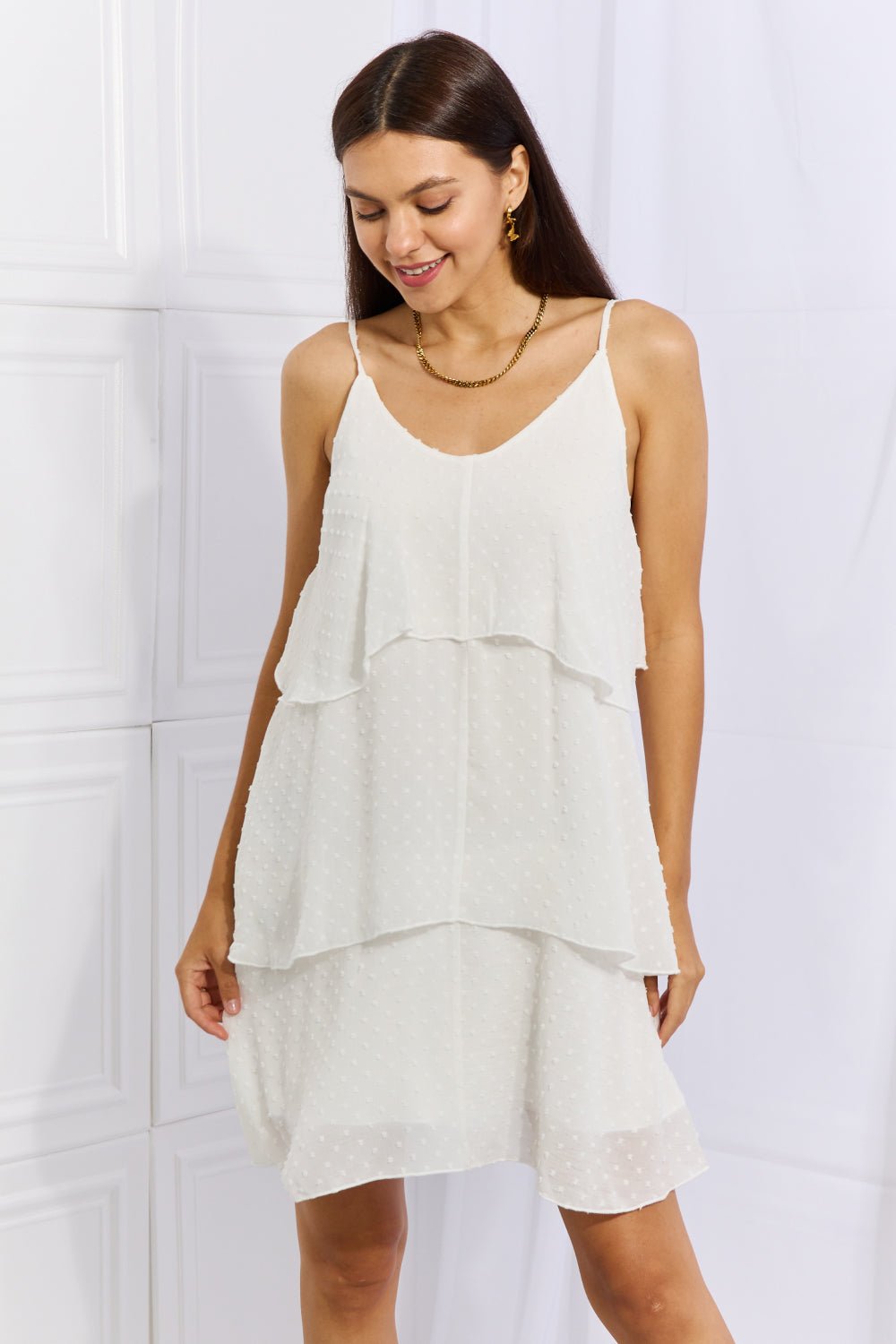 Culture Code By The River Full Size Cascade Ruffle Style Cami Dress in Soft White - SeaTown Outfitters