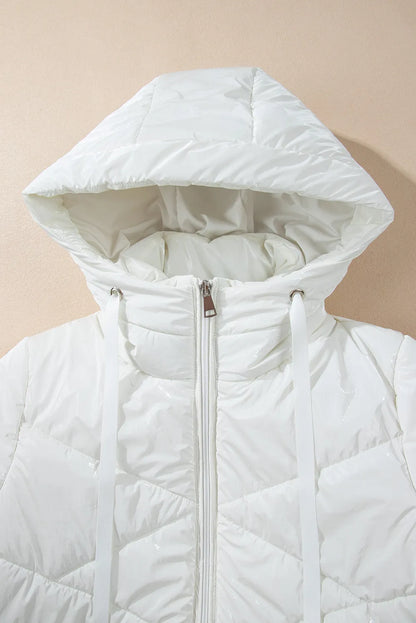 Drawstring Zip Up Long Sleeve Hooded Winter Coat