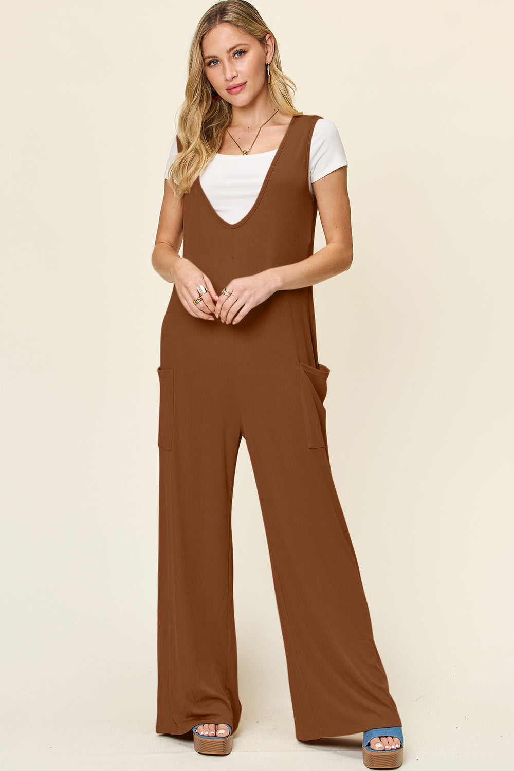 Double Take Full Size Sleeveless Wide Leg Jumpsuit with Pockets