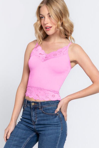 ACTIVE BASIC V - Neck Lace Detail Ribbed Cami - SeaTown Outfitters