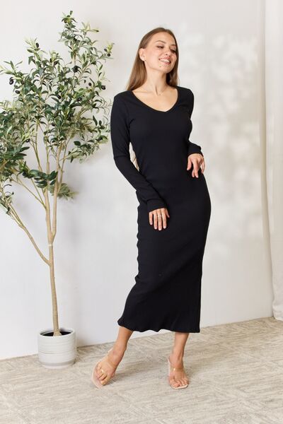 Culture Code Full Size Ribbed Long Sleeve Midi Slit Dress - SeaTown Outfitters