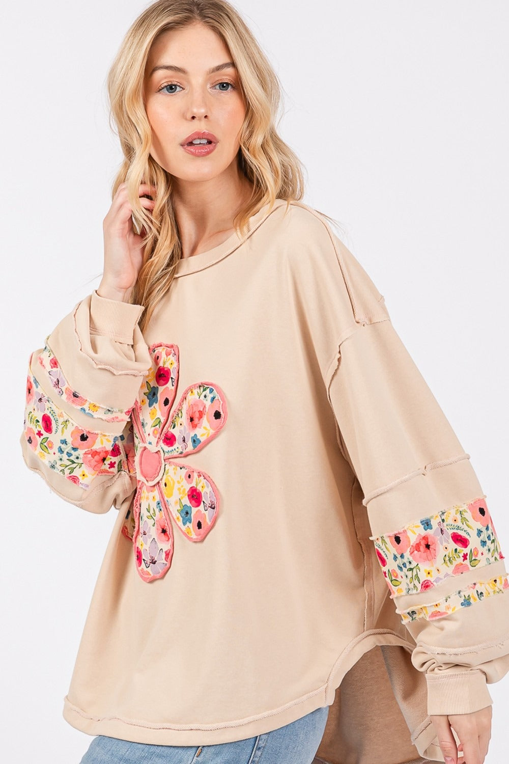 SAGE + FIG Daisy Patch Applique Long Sleeve Sweatshirt