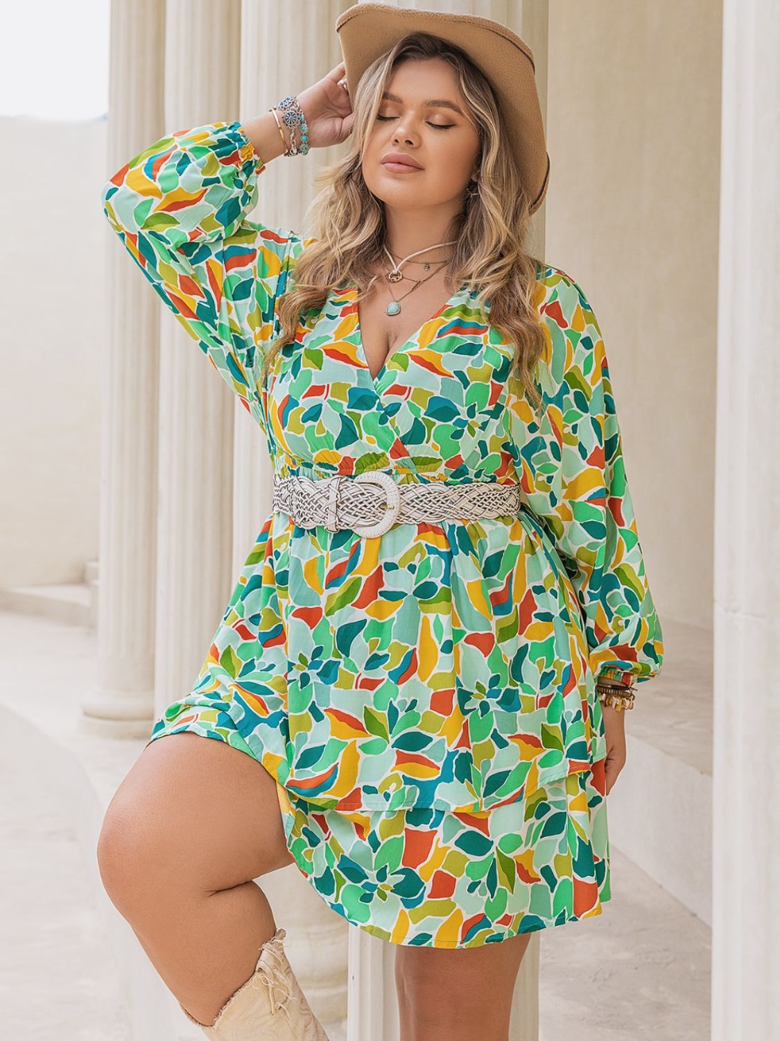 Plus Size Printed Surplice Long Sleeve Mini Dress