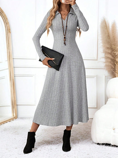 Ribbed Johnny Collar Long Sleeve Dress