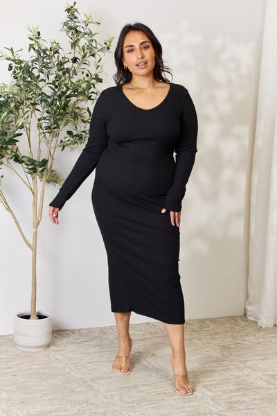 Culture Code Full Size Ribbed Long Sleeve Midi Slit Dress - SeaTown Outfitters