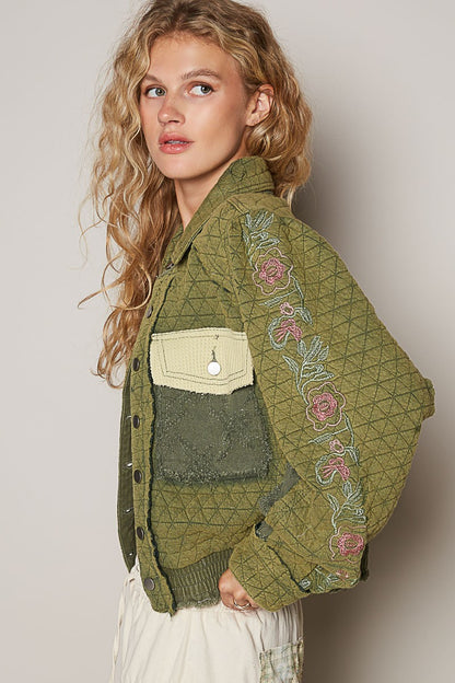 POL Embroidered Sleeve Raw Edge Quilted Jacket