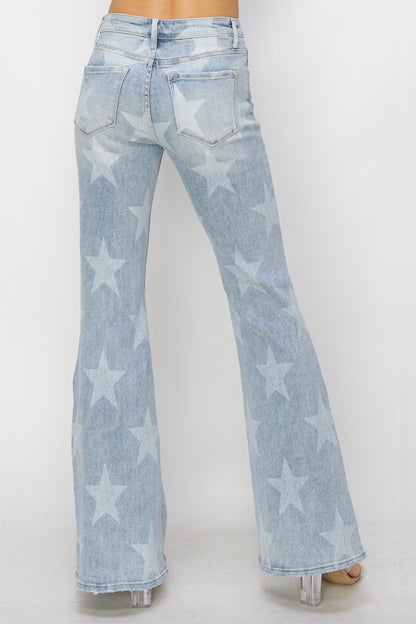 RISEN Mid Rise Button Fly Start Print Flare Jeans