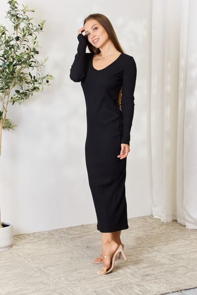 Culture Code Full Size Ribbed Long Sleeve Midi Slit Dress - SeaTown Outfitters