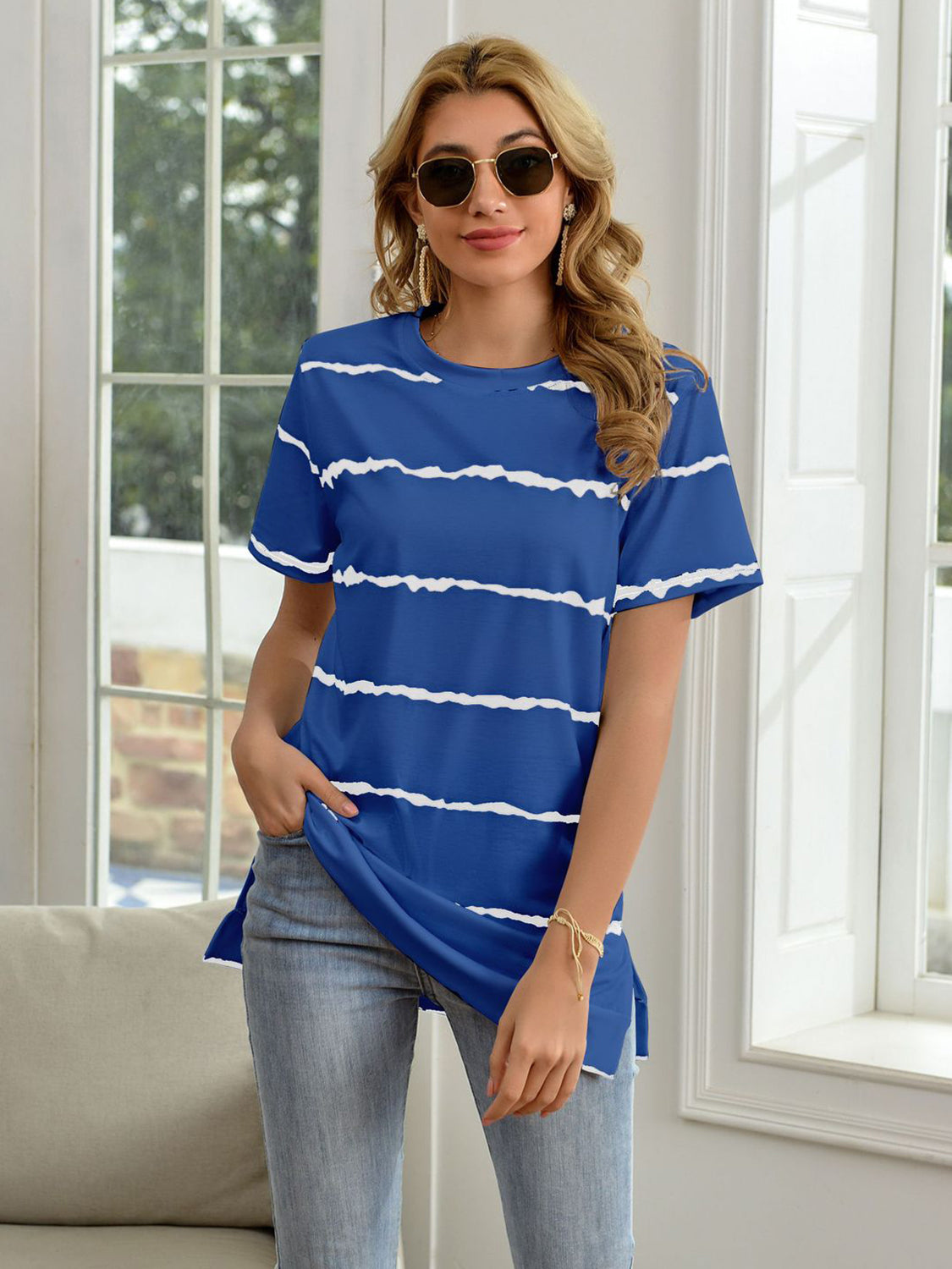 Striped Round Neck Short Sleeve T-Shirt