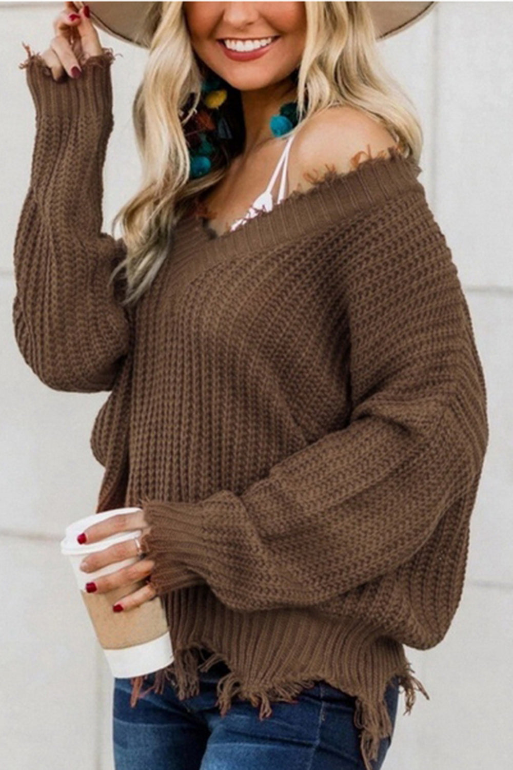 Frayed Hem Dropped Shoulder Sweater