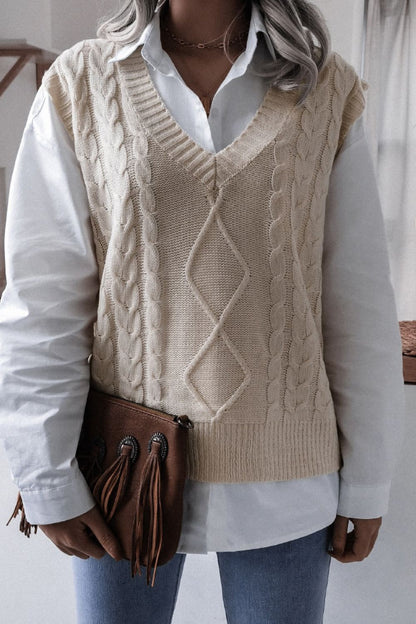 Cable-Knit Ribbed V-Neck Sweater Vest