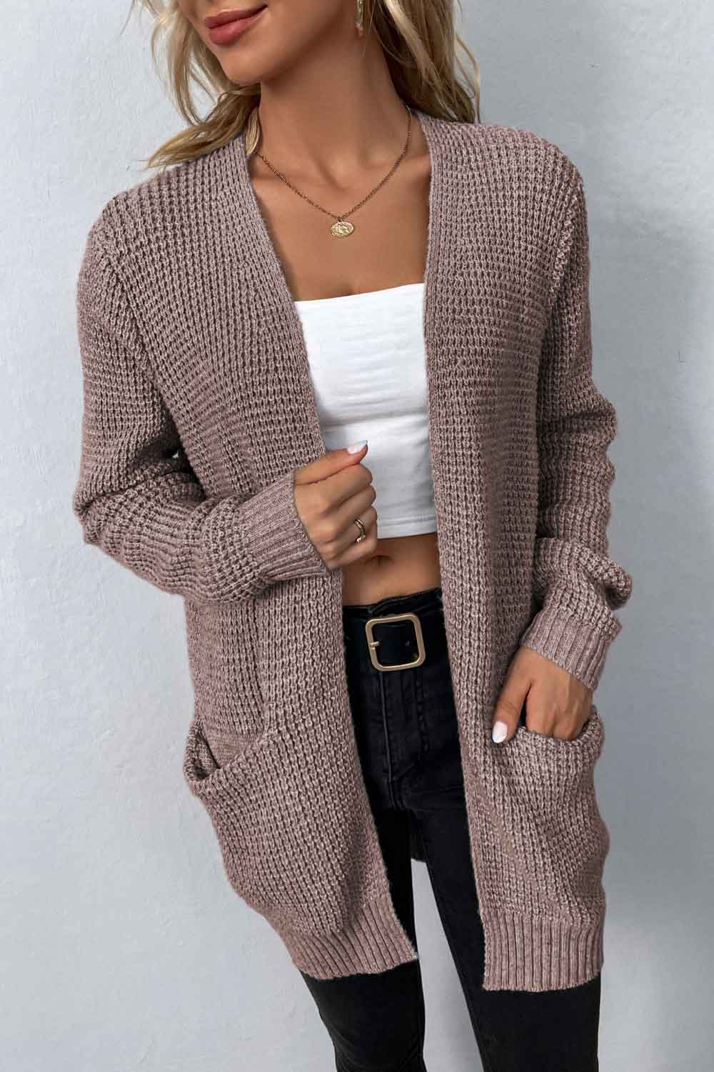 Rib-Knit Open Front Pocketed Cardigan