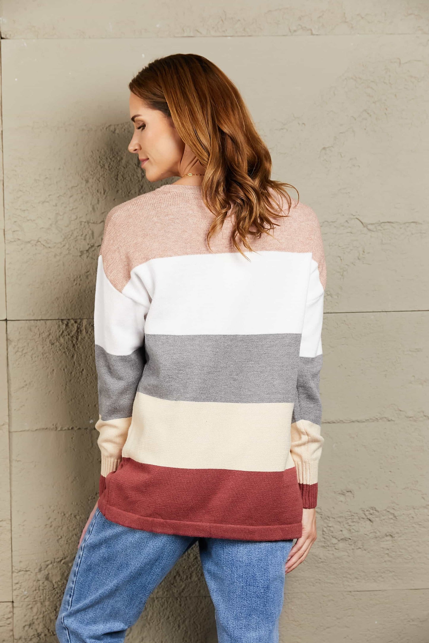 Woven Right Color Block Drop Shoulder Round Neck Sweater