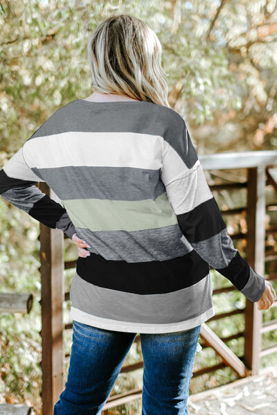 Plus Size Striped Slit Long Sleeve T-Shirt