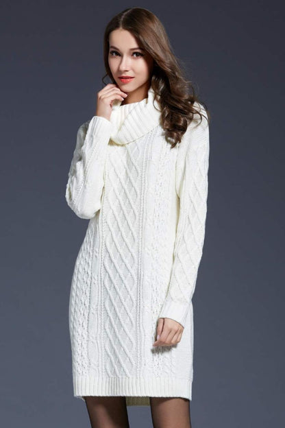 Full Size Mixed Knit Cowl Neck Dropped Shoulder Sweater Dress