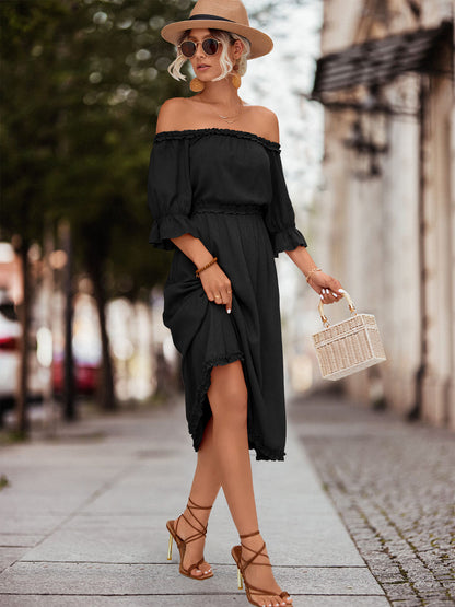 Frilled Off-Shoulder Flounce Sleeve Dress