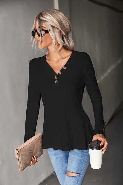 Waffle-Knit Button Detail V-Neck Top