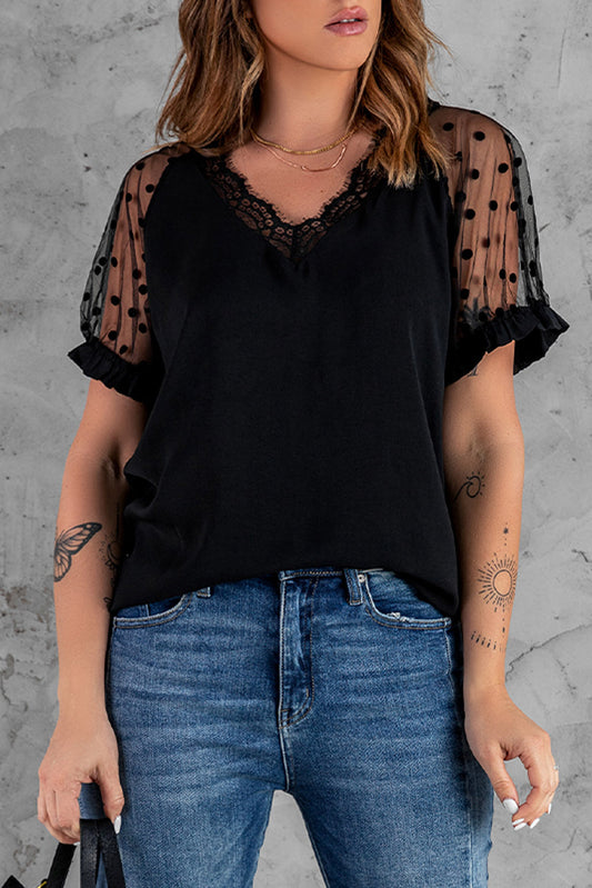 Polka Dot Lace Trim Spliced Mesh Blouse