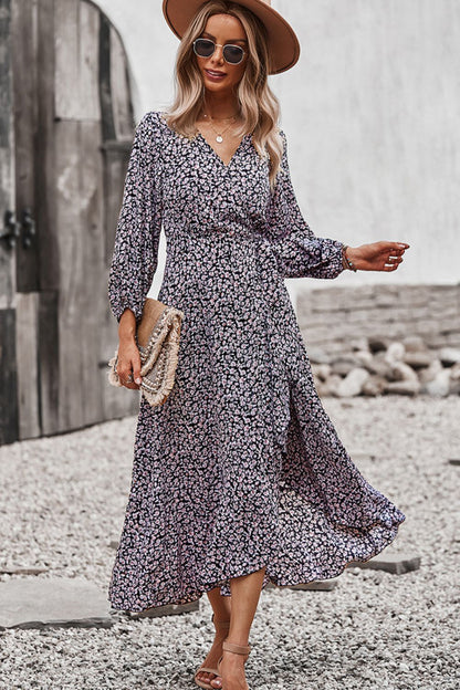 Floral Surplice Neck Long Sleeve Dress