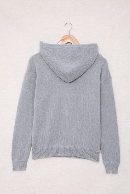 Lace Trim Half-Button Drawstring Knit Hoodie