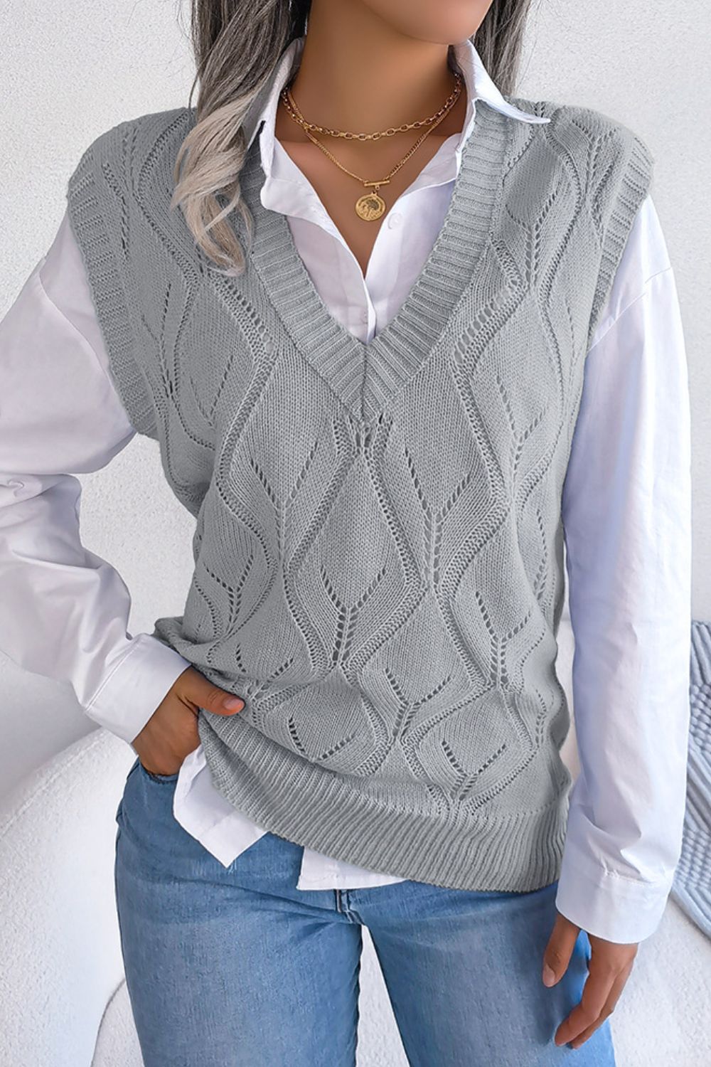 Openwork Ribbed Trim Sweater Vest