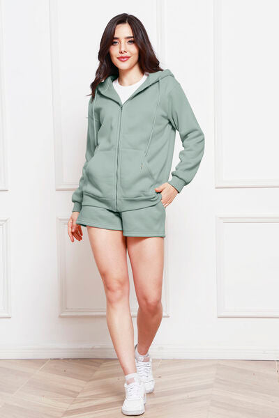 Zip Up Drawstring Hoodie and Shorts Set