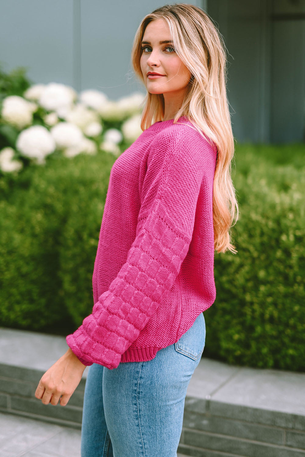 Round Neck Dropped Shoulder Waffle-Knit Sweater