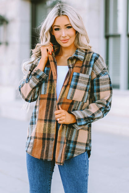 Plaid Curved Hem Shirt Jacket with Breast Pockets