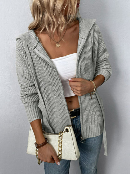 Zip-Up Drawstring Detail Hooded Cardigan