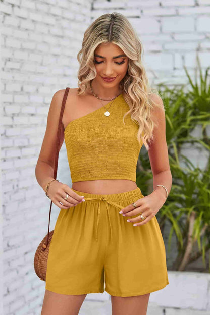 Smocked One-Shoulder Sleeveless Top and Shorts Set