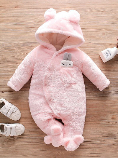 Rabbit Decor Long Sleeve Hooded Snapped Jumpsuit