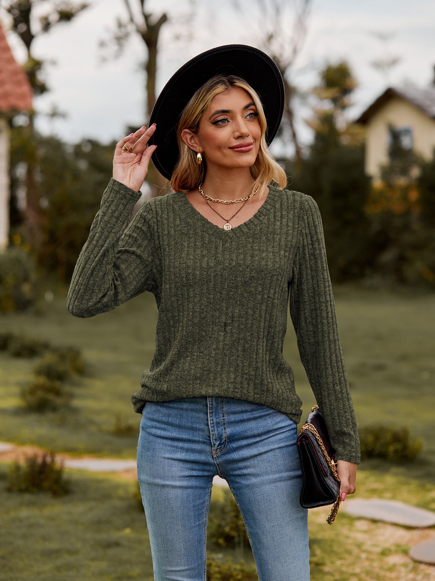 Ribbed V-Neck Long Sleeve Tee