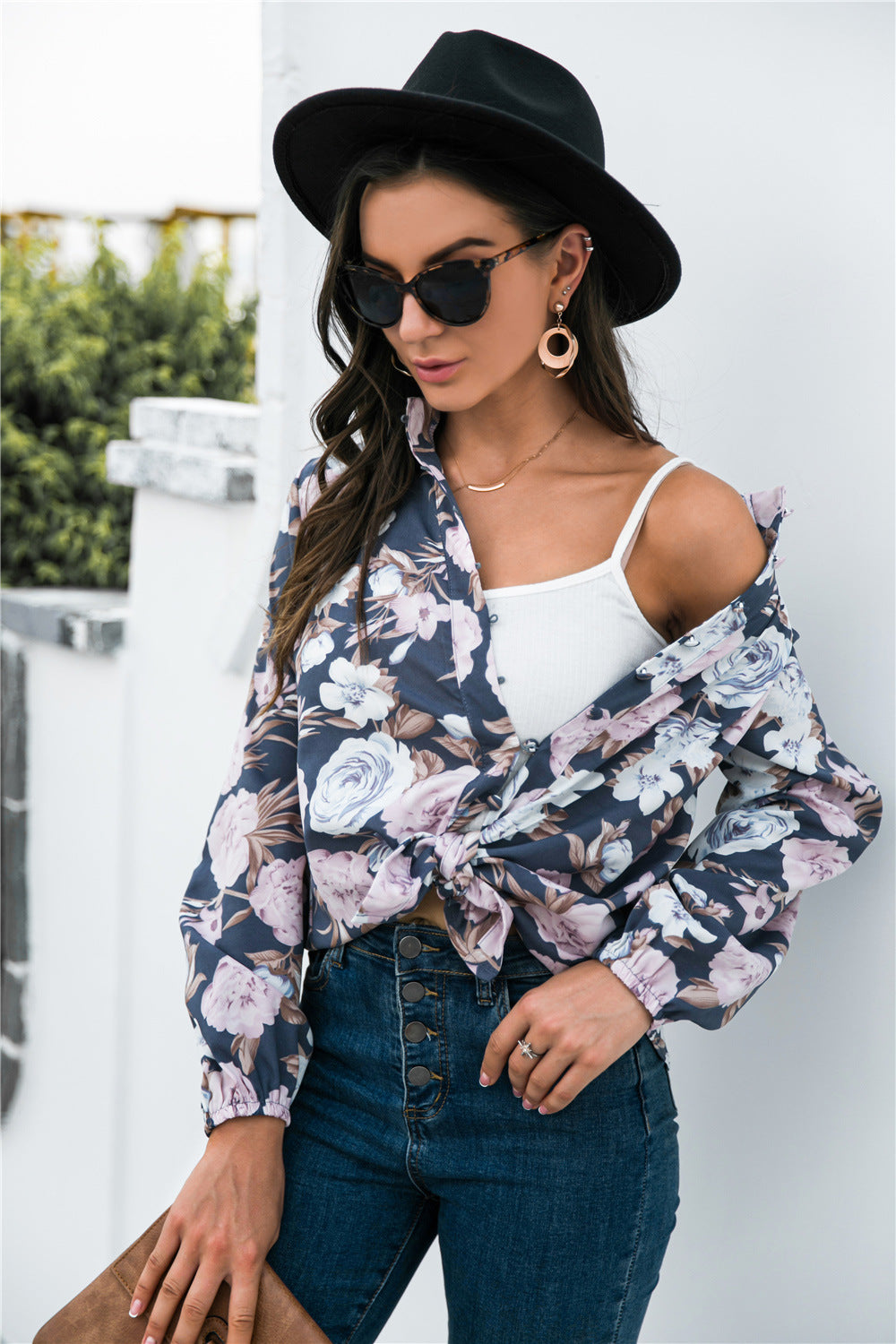 Floral Print Mock Neck Button Front Shirt