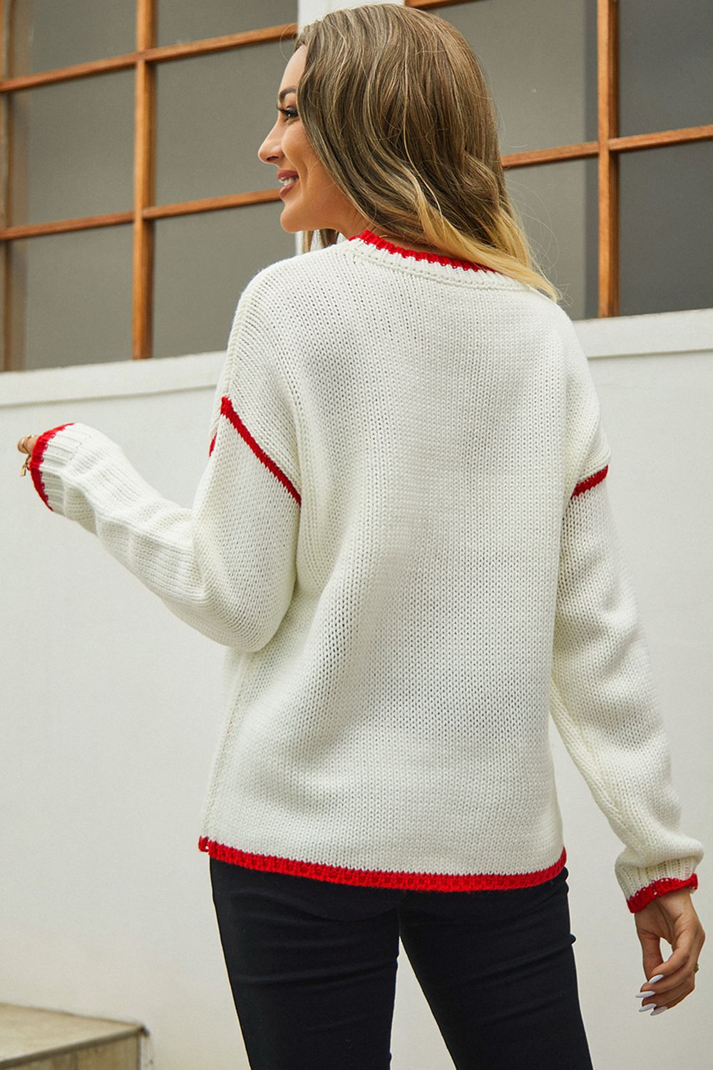 Round Neck Long Sleeve Waffle-Knit Sweater