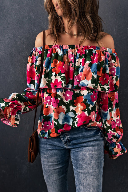 Floral Off-Shoulder Flounce Sleeve Layered Blouse