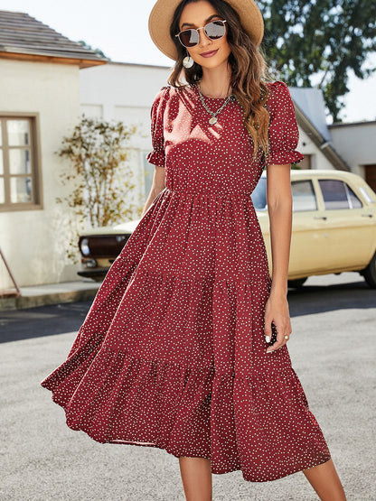 Polka Dot Short Flounce Sleeve Tiered Midi Dress