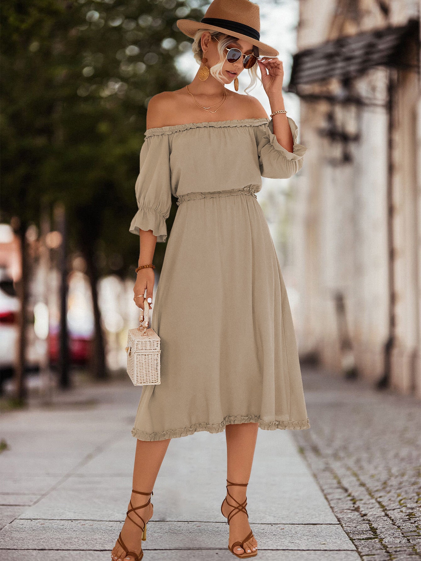 Frilled Off-Shoulder Flounce Sleeve Dress