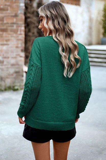 Cable-Knit Round Neck Drop Shoulder Sweater