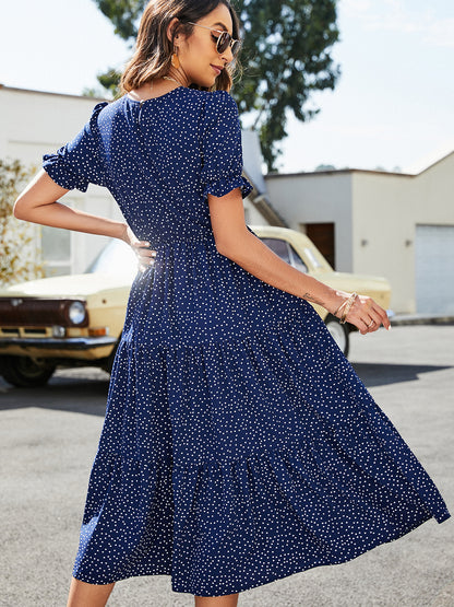 Polka Dot Short Flounce Sleeve Tiered Midi Dress