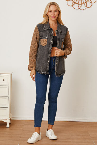 Leopard Raw Hem Pocketed Denim Jacket