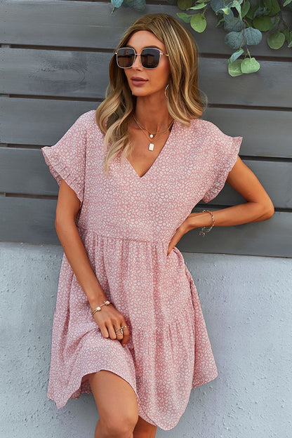 Printed V-Neck Short Sleeve Tiered Dress