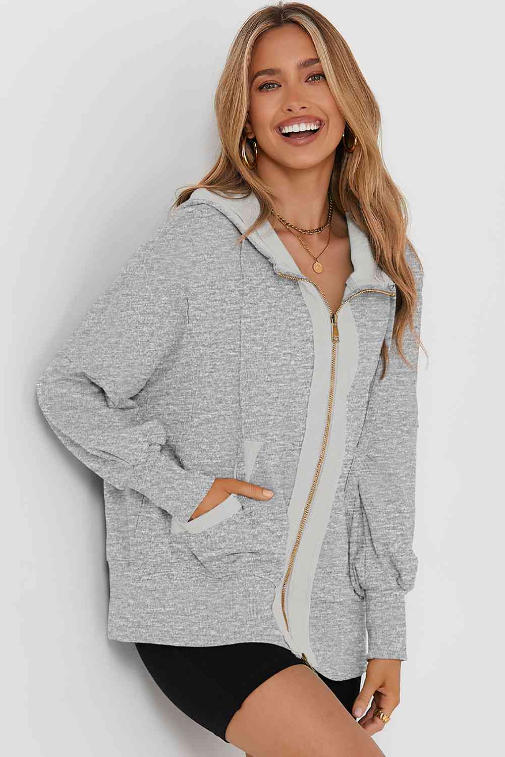 Zip Up Long Sleeve Drawstring Hoodie