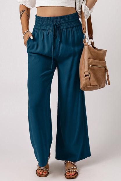 Drawstring Smocked Waist Wide Leg Pants