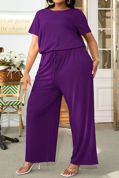 Plus Size Drawstring Waist Short Sleeve Jumpsuit