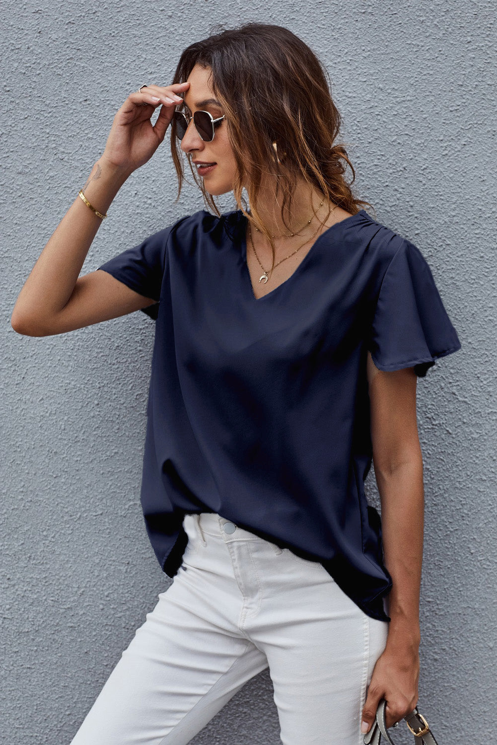 V-Neck Flutter Sleeve Blouse