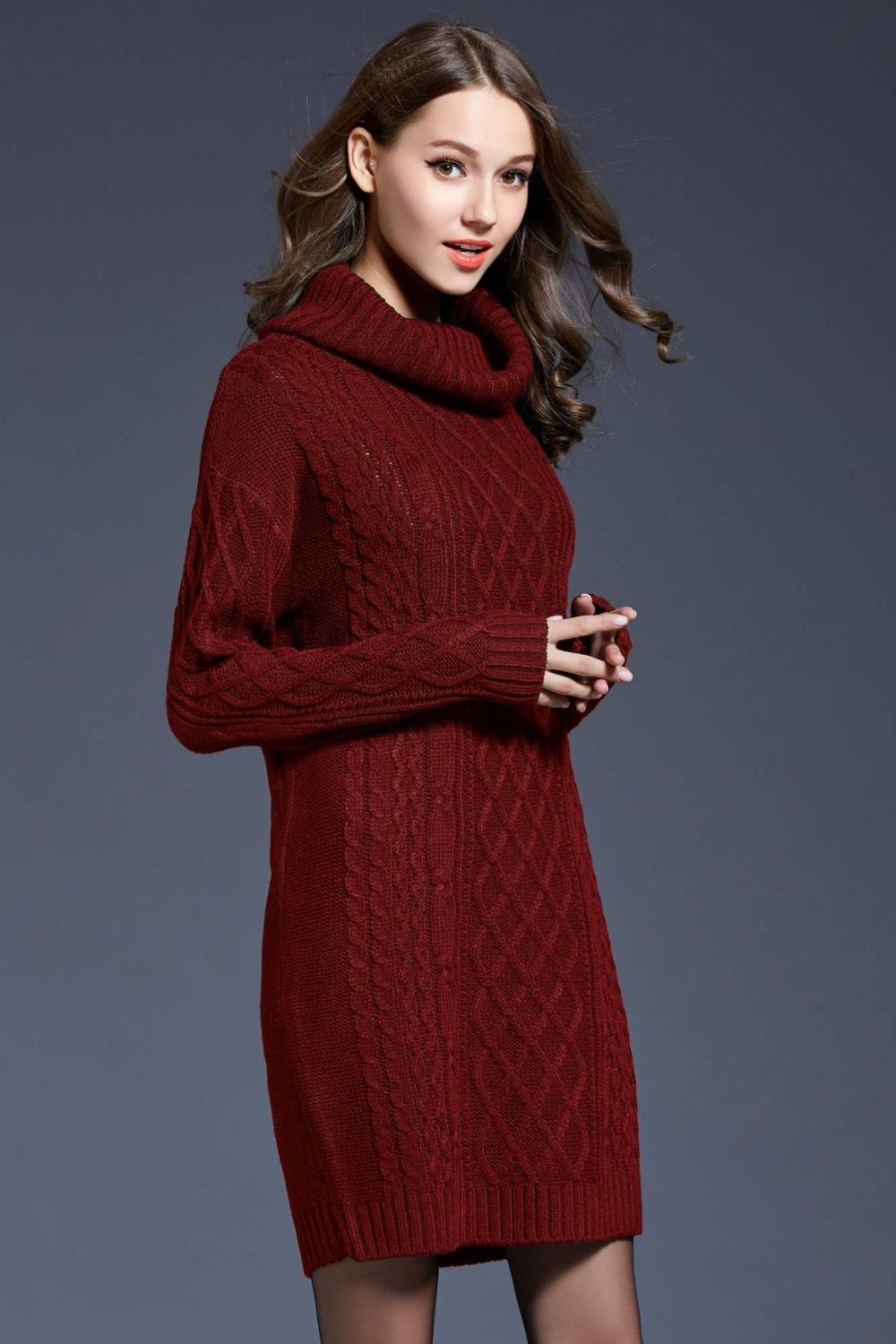 Full Size Mixed Knit Cowl Neck Dropped Shoulder Sweater Dress