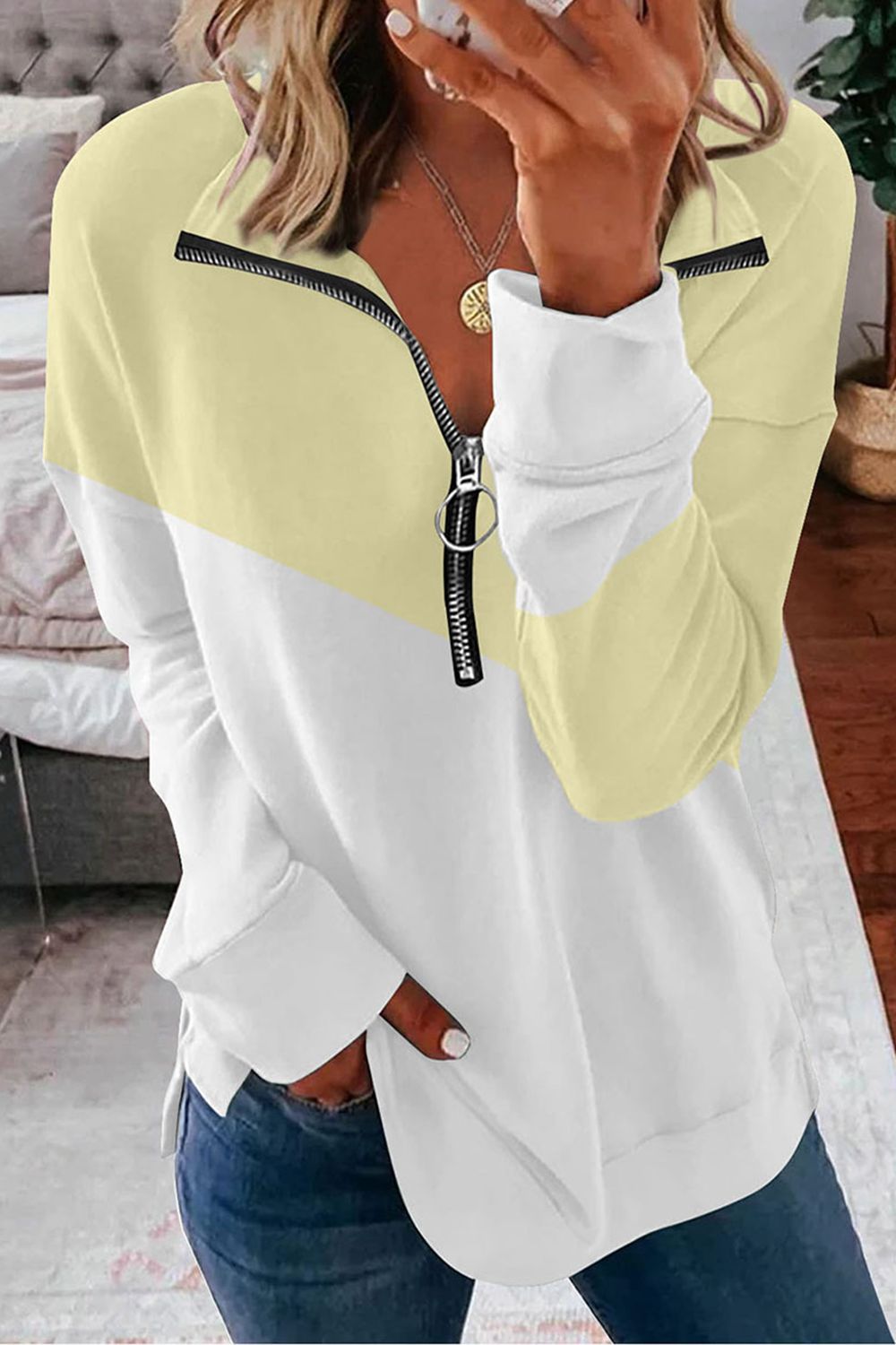 Contrast Zip-Up Collared Neck Dropped Shoulder Blouse