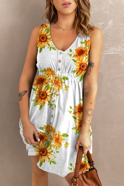 Charming sleeveless flower print dress featuring a buttoned neckline and a breezy fit, perfect for summer style. Complete the look with a chic brown bag.